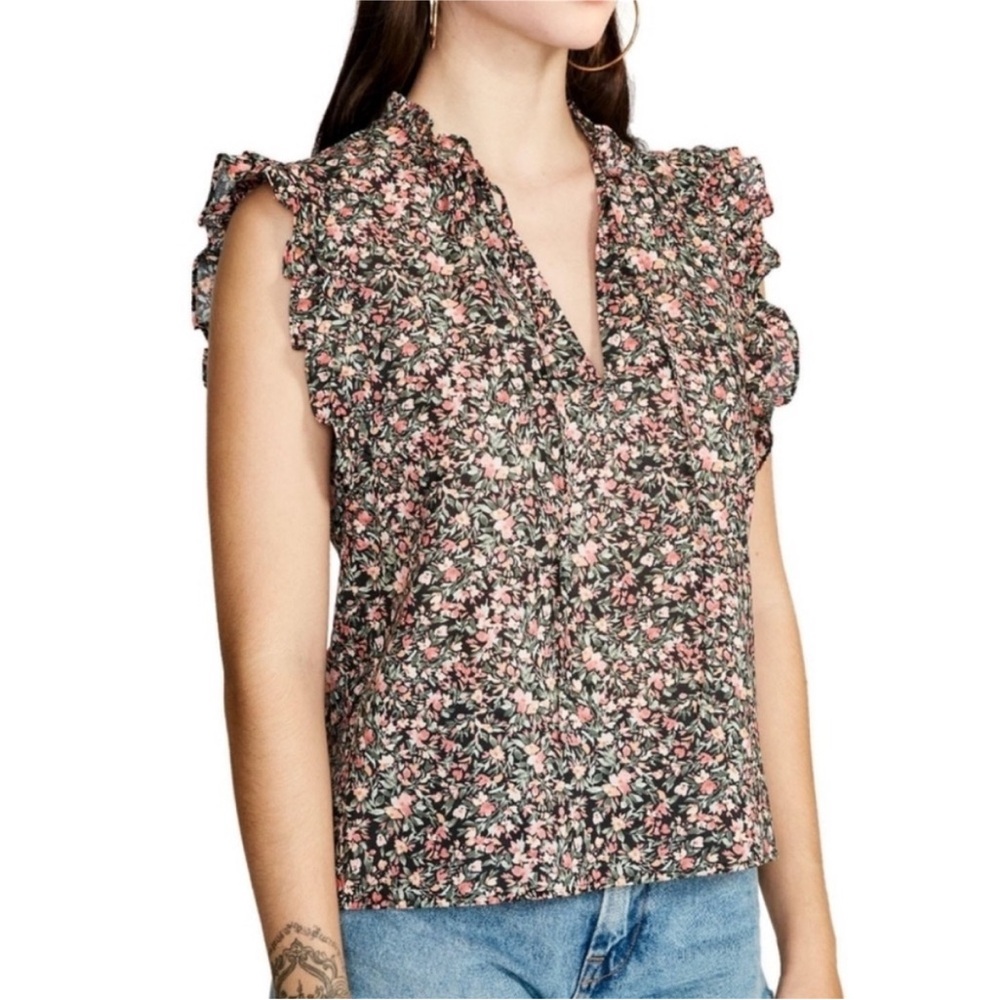 BB Dakota Steve Madden Ditzy Floral Blouse Ruffle Sleeveless Shirt Top Size L